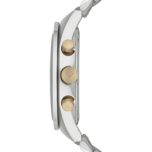 Side profile of Emporio Armani AR6088 showing the two-tone silver and gold-tone strap and navy blue dial