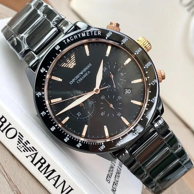 Close-up of black dial on Emporio Armani AR70002 with silver-tone markers and hands