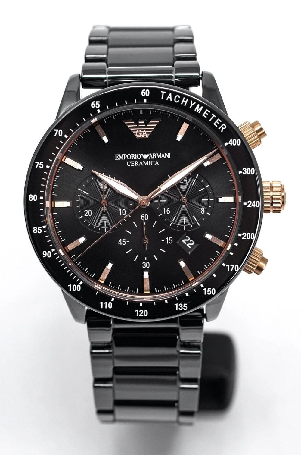 Emporio Armani AR70002 men's watch with ceramic black strap and sleek black dial