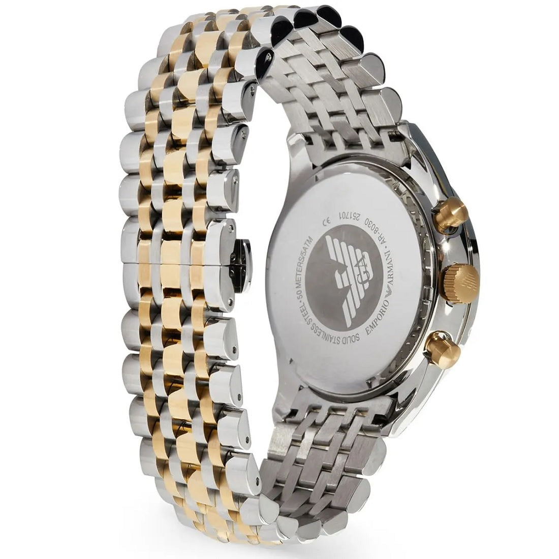 Caseback view of Emporio Armani AR8030 Tazio men’s watch with two-tone silver and gold-tone strap