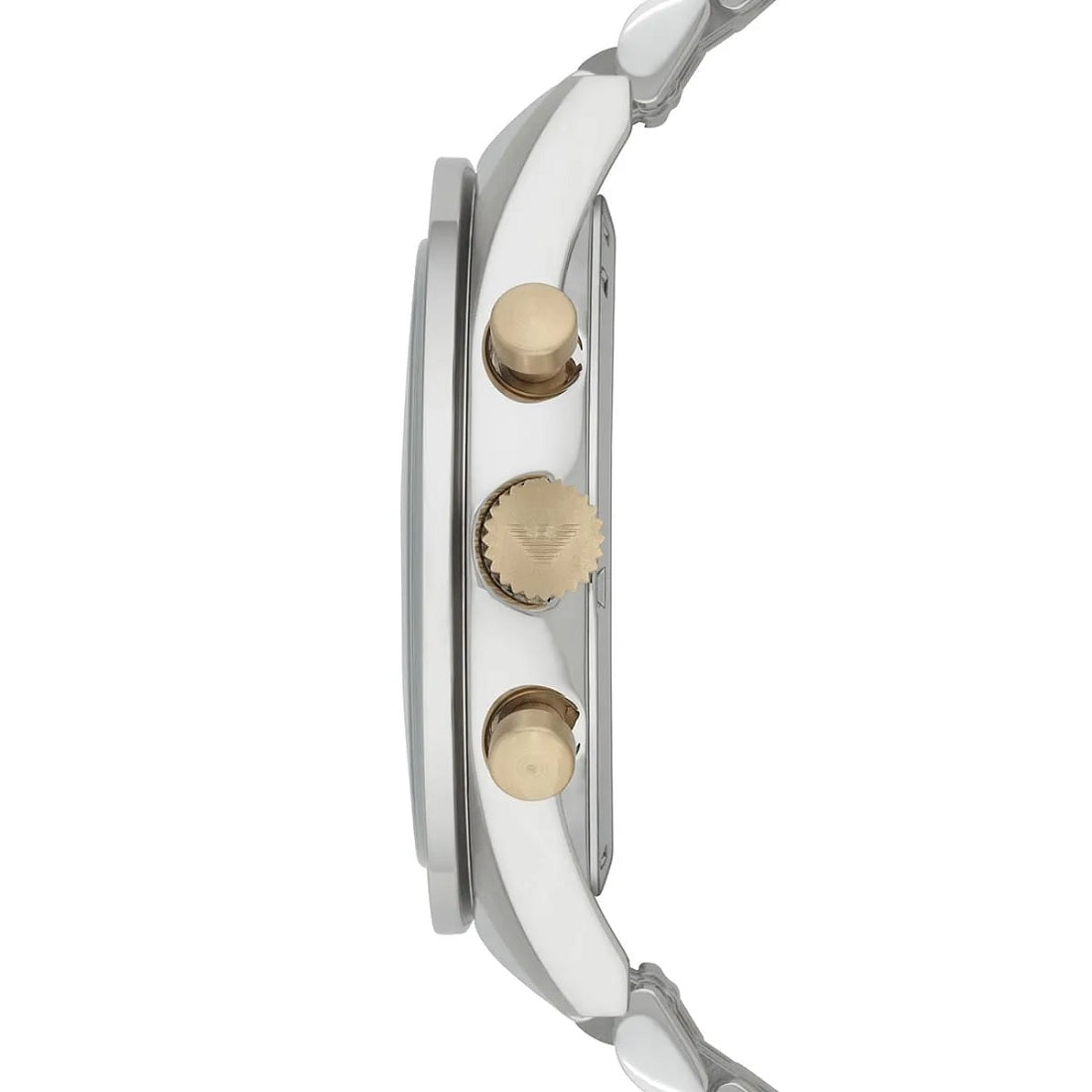 Side profile of Emporio Armani AR8030 showing the two-tone silver and gold-tone strap and blue dial