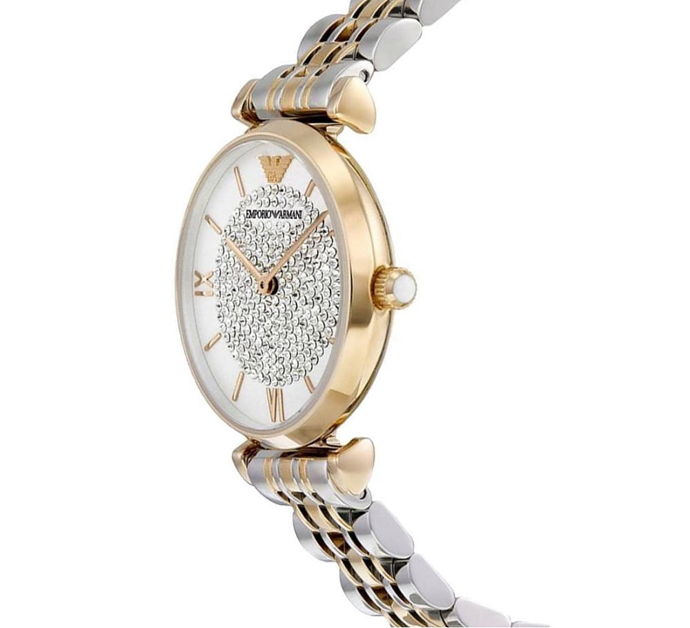 Angled shot of Emporio Armani AR8031 showcasing white pave crystal dial and two-tone strap