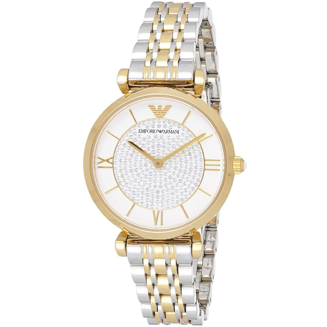Close-up of the white pave crystal dial on Emporio Armani AR8031 Gianni T-Bar women’s watch with two-tone strap