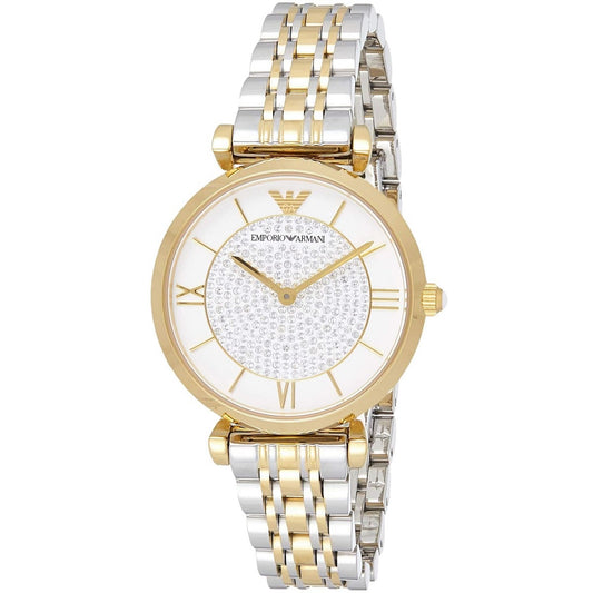 Close-up of the white pave crystal dial on Emporio Armani AR8031 Gianni T-Bar women’s watch with two-tone strap