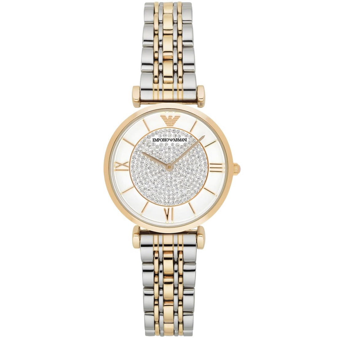 Front view of Emporio Armani AR8031 Gianni T-Bar women’s watch with white pave crystal dial and two-tone strap