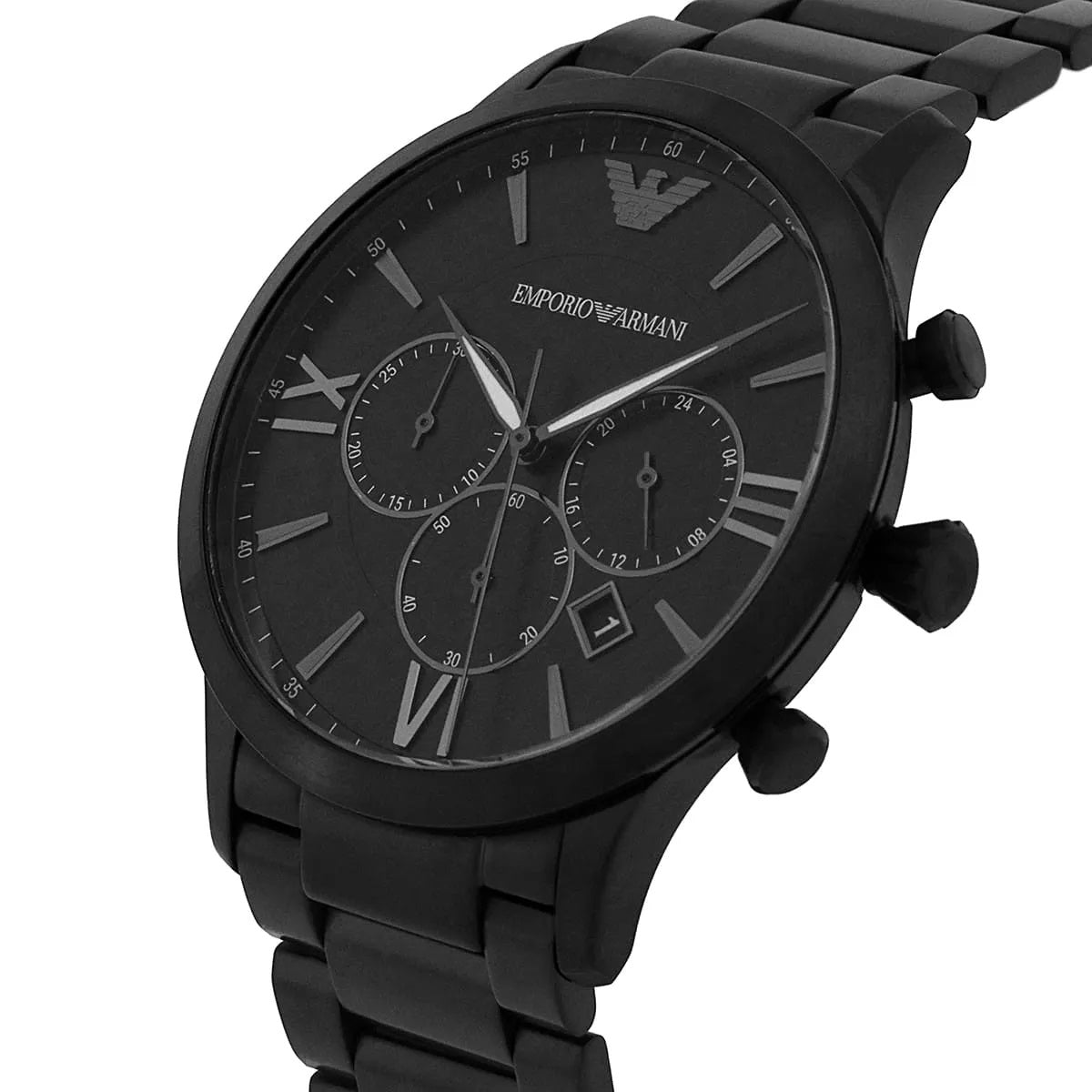Close-up angled view of the black sunray dial on the Emporio Armani AR11349 highlighting the textured sub-dials and silver-tone eagle logo.