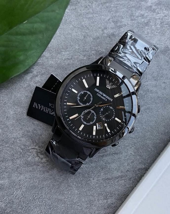 Close-up of Emporio Armani men’s black ceramic chronograph dial