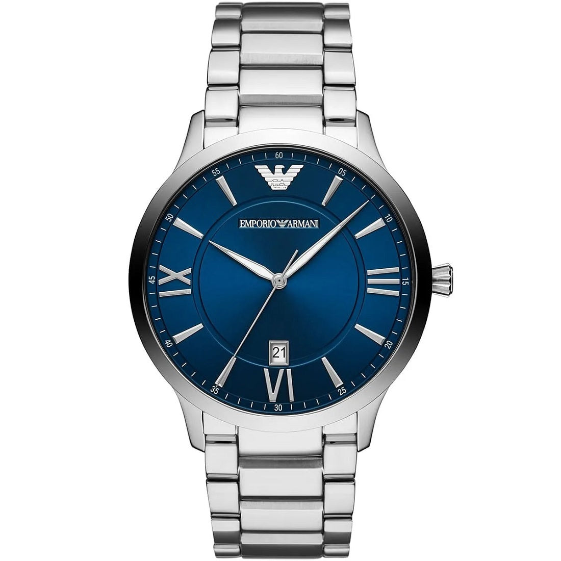 Front view of Emporio Armani men's watch featuring a deep blue sunray dial, silver-tone hands, Roman numeral indices, and a date window at 6 o'clock.