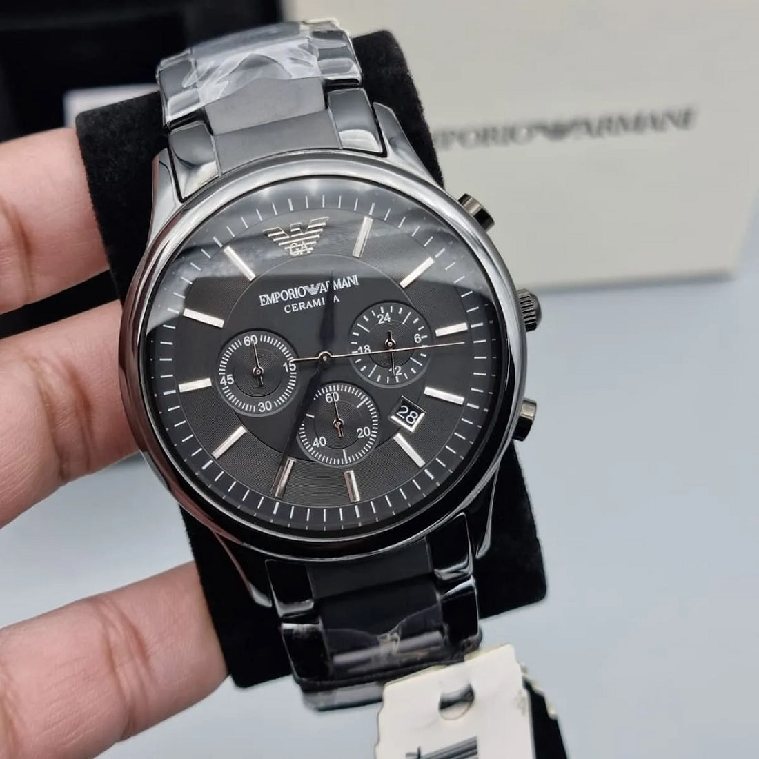Emporio Armani men’s chronograph black ceramic watch with sleek design