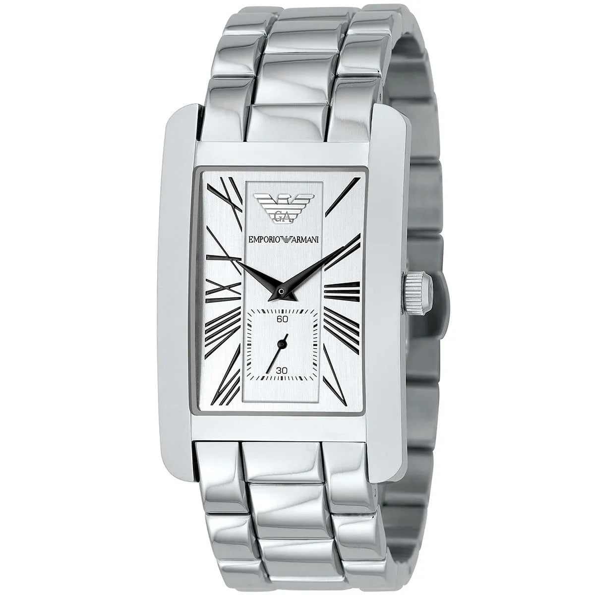 Front view of Emporio Armani AR0145 men’s rectangular stainless steel silver watch with white dial and sleek design