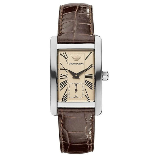 Front view of Emporio Armani AR0154 men’s watch with brown leather strap, beige dial, and silver case