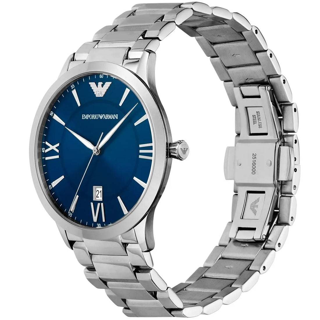 Angled side view of Emporio Armani watch showing the polished silver stainless steel case, crown detail, and link bracelet connection.
