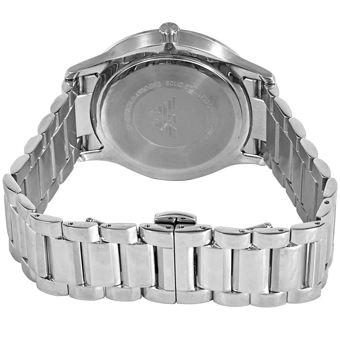Rear view of the watch highlighting the stainless steel bracelet with a hidden butterfly deployment clasp and the solid case back.