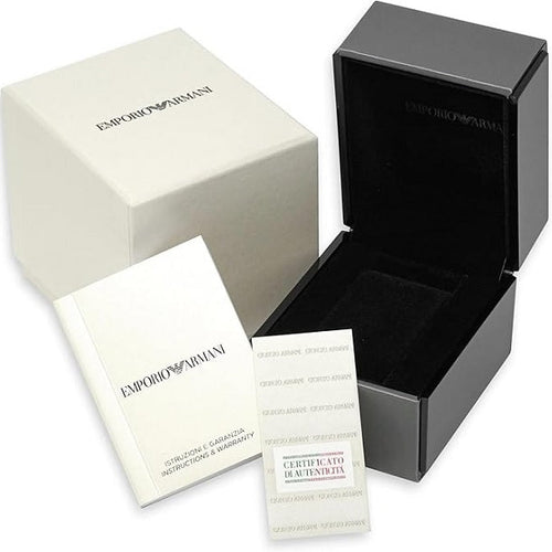 Complete Emporio Armani packaging with branded watch box, manual, and outer sleeve