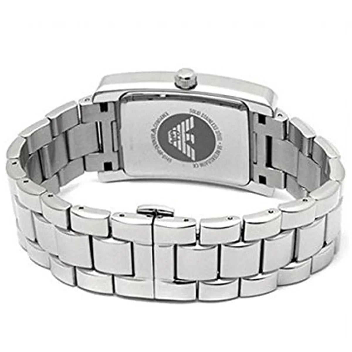 Back case of Emporio Armani AR0146 women’s watch with engraved stainless steel and logo details