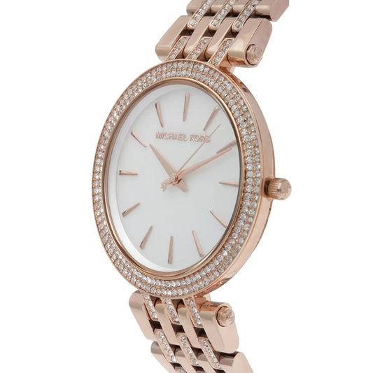 Side angle view of Michael Kors MK3220 women’s watch with rose gold stainless steel strap and sleek finish