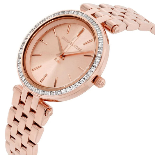Angled view of Michael Kors MK3366 showing its rose gold case and sparkling crystals