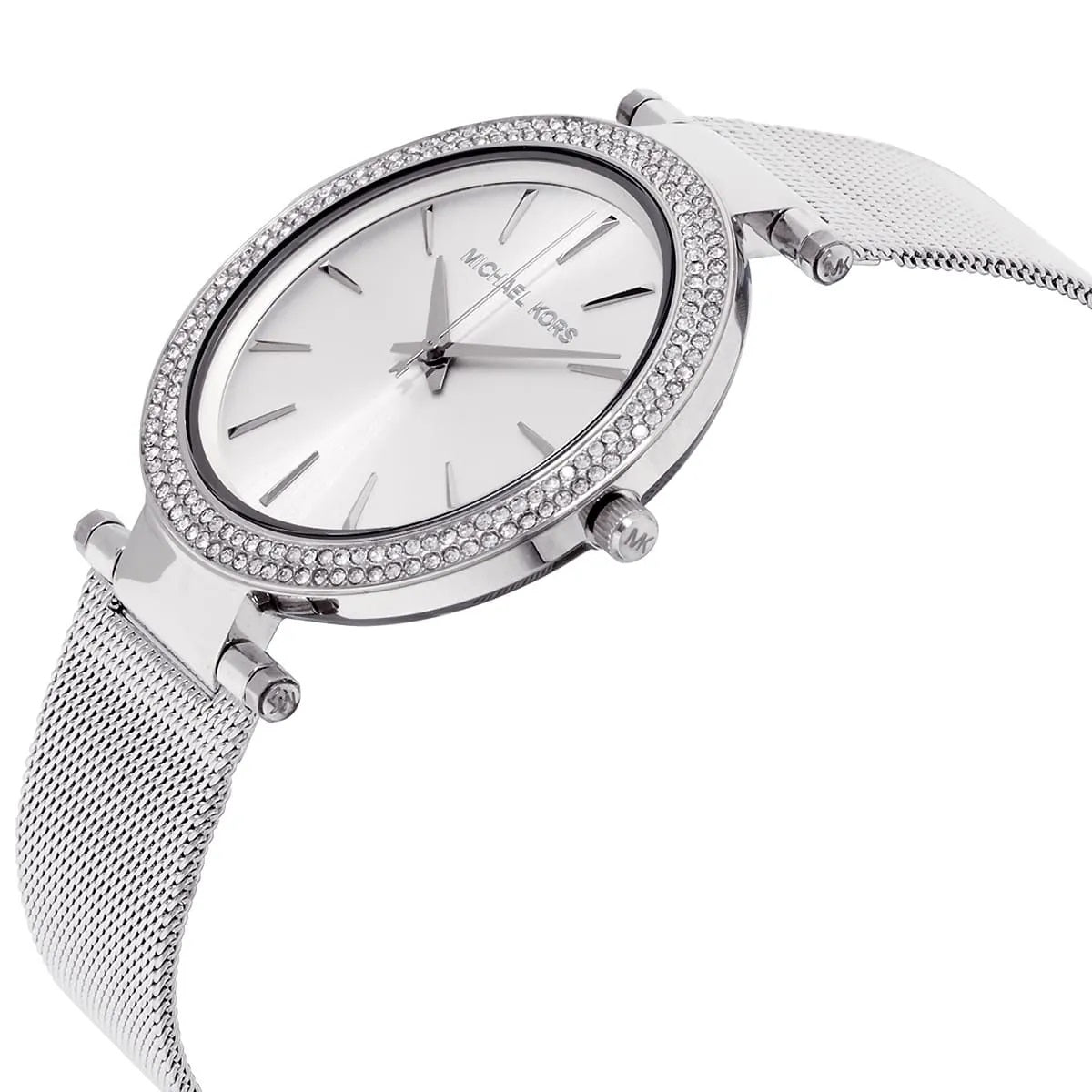 Angled view of Michael Kors MK3367 with its silver dial and crystal details