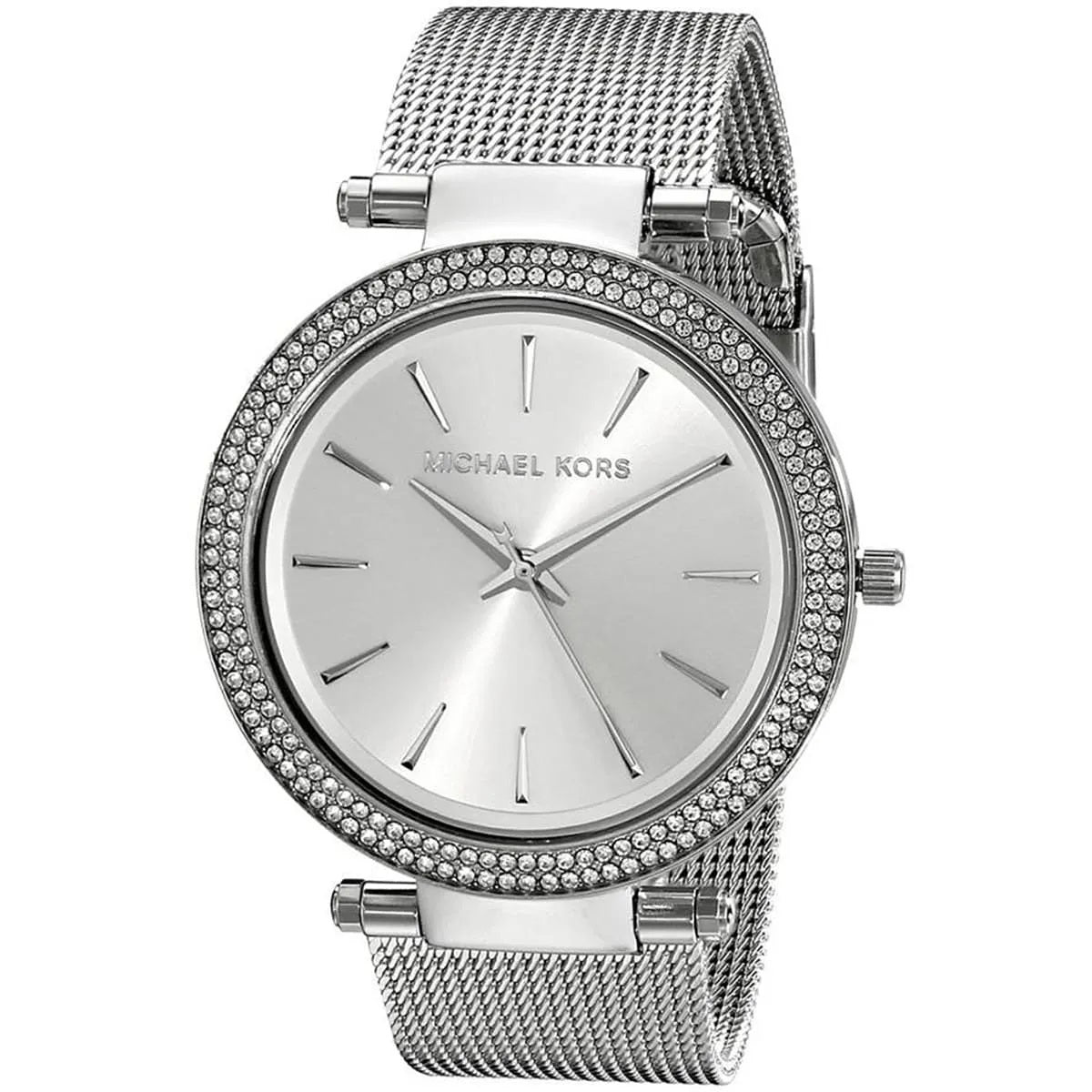 Close-up of the silver dial on Michael Kors MK3367, featuring crystals and polished markers