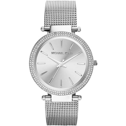 Front view of Michael Kors MK3367 with elegant silver dial and sparkling crystal accents