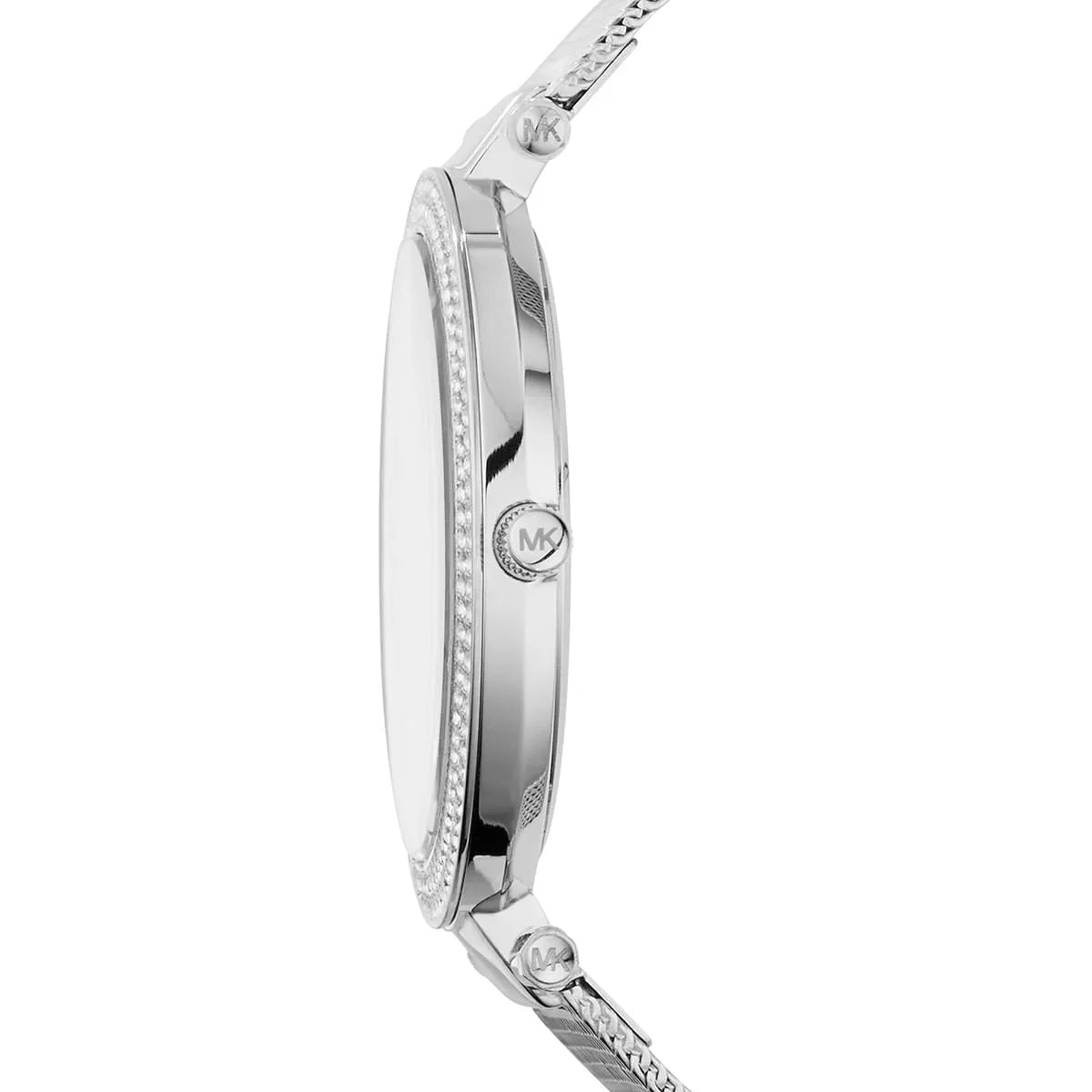 Side profile of Michael Kors MK3367 showcasing the sleek silver mesh strap and elegant design