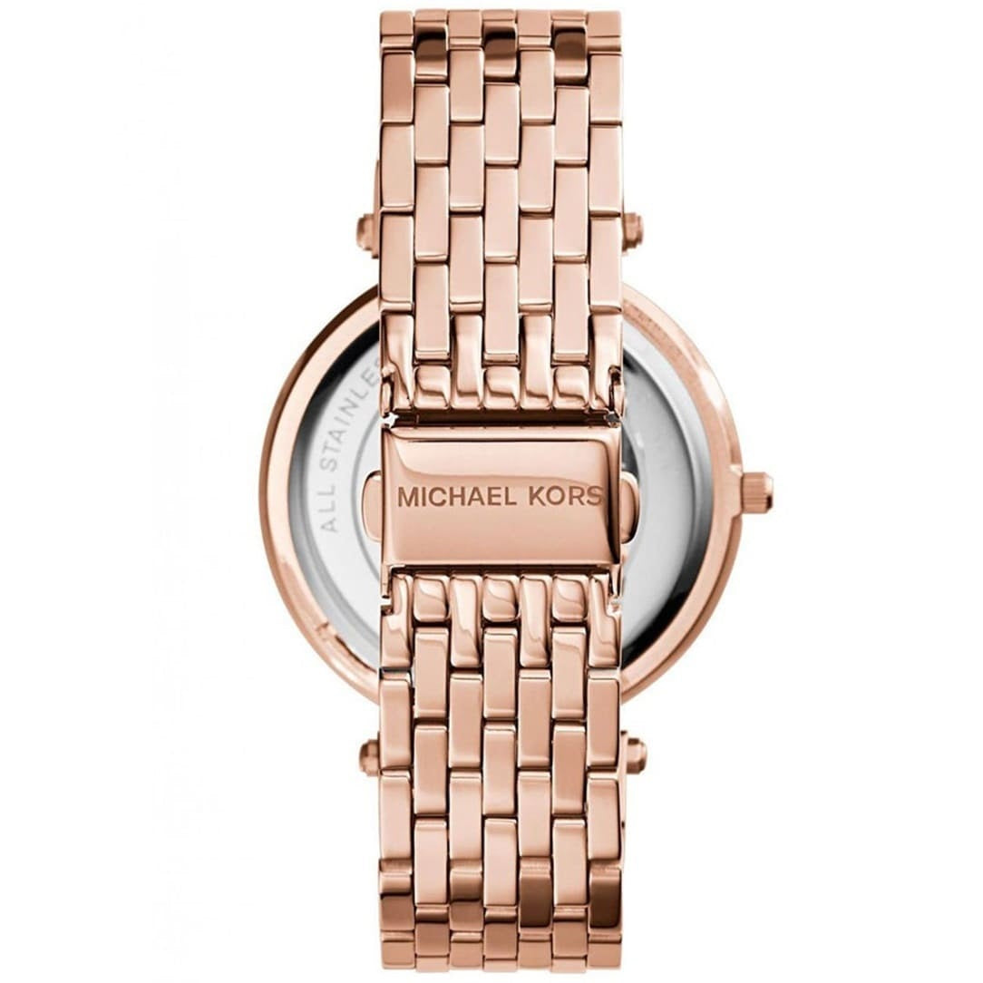 Back and clasp view of Michael Kors MK3399 with full rose gold finish