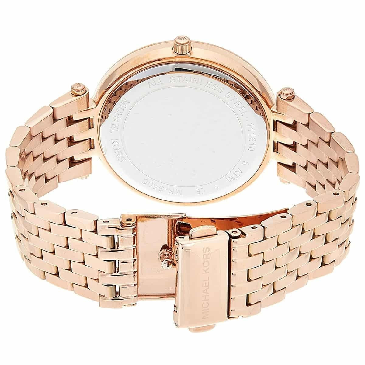 Back view of Michael Kors MK3399 showcasing polished rose gold strap and caseback