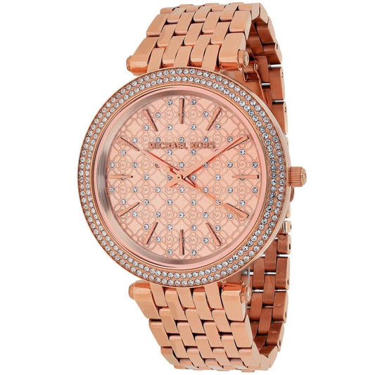 Close-up of crystal rose gold dial on Michael Kors MK3399 women's watch