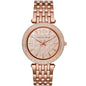 Front view of Michael Kors MK3399 showcasing rose gold crystal dial and matching strap