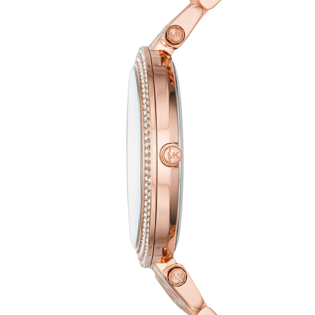 Side profile of Michael Kors MK3399 showing slim case and polished rose gold bracelet