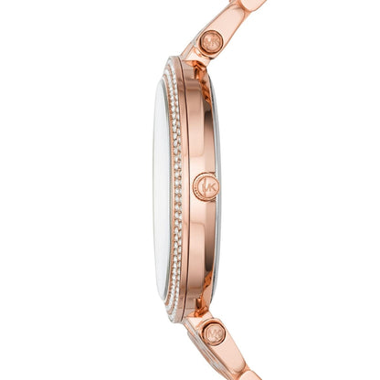 Side profile of Michael Kors MK3399 showing slim case and polished rose gold bracelet