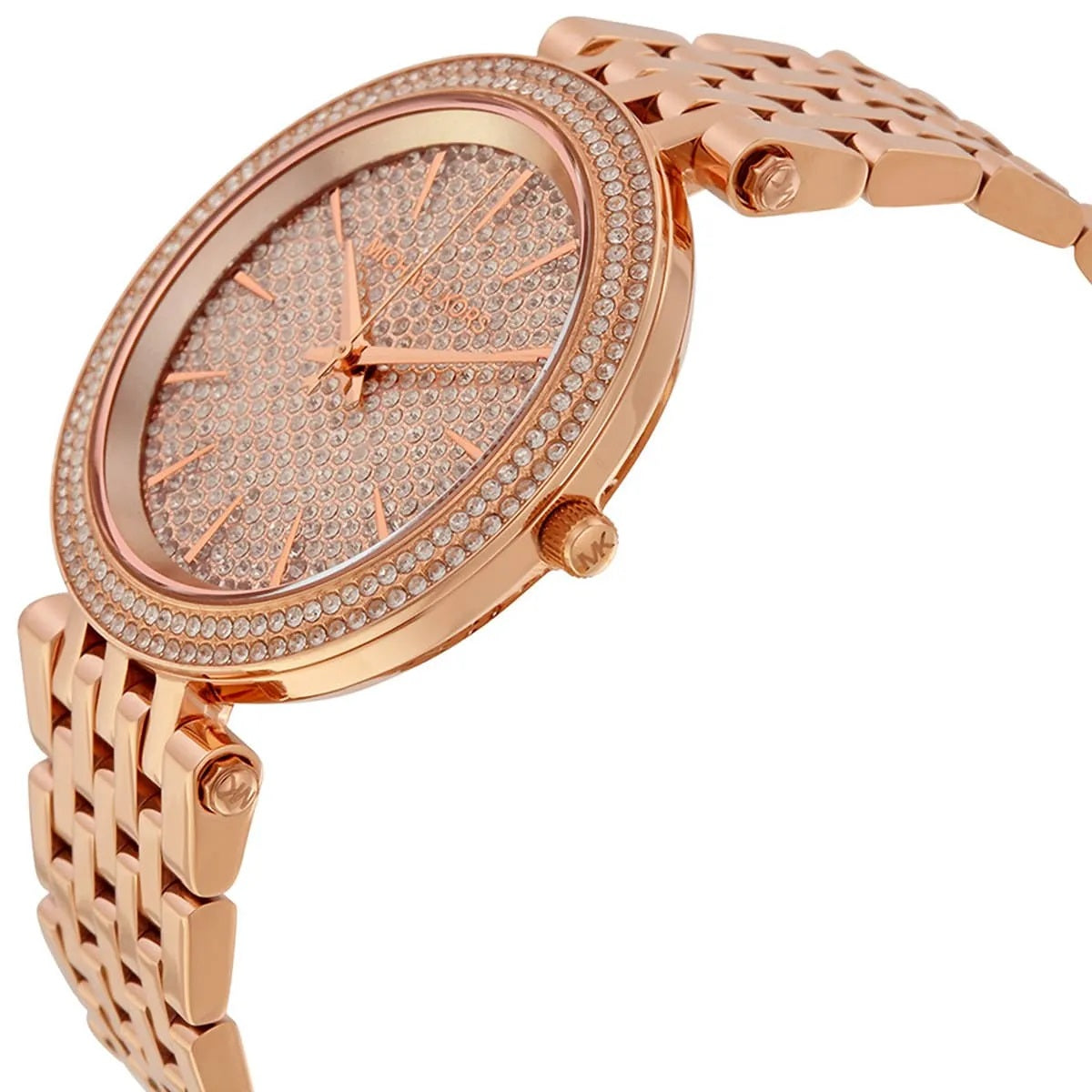 Angled shot of Michael Kors MK3439 showing shimmer of pavé crystal dial