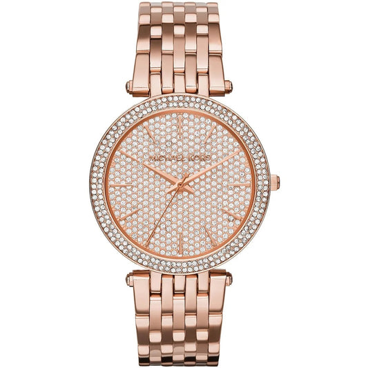 Front view of Michael Kors MK3439 featuring pavé crystal dial and full rose gold finish