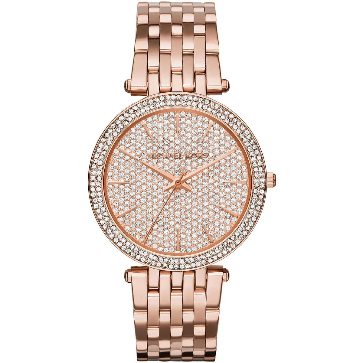 Front view of Michael Kors MK3439 featuring pavé crystal dial and full rose gold finish