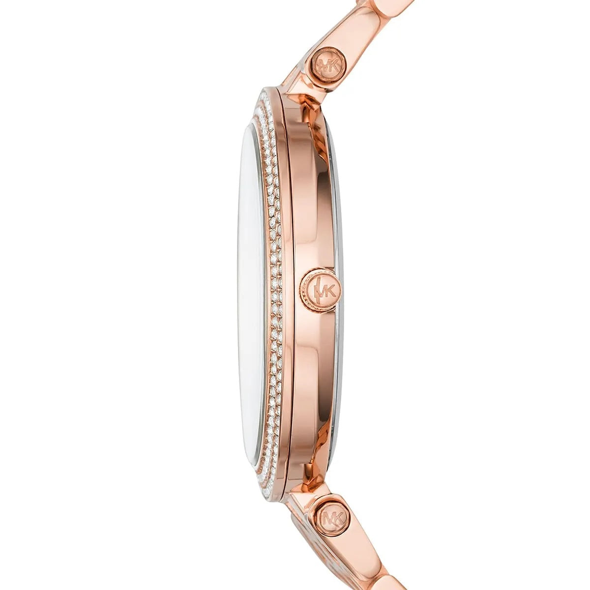 Side profile of Michael Kors MK3439 showcasing rose gold tone and crystal-studded dial