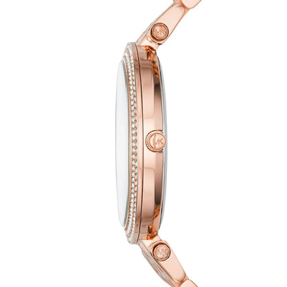 Side profile of Michael Kors MK3439 showcasing rose gold tone and crystal-studded dial
