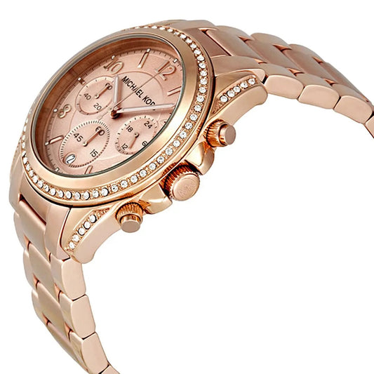 Angled shot of Michael Kors MK5263 showing crystal embellishment and rose gold color tone