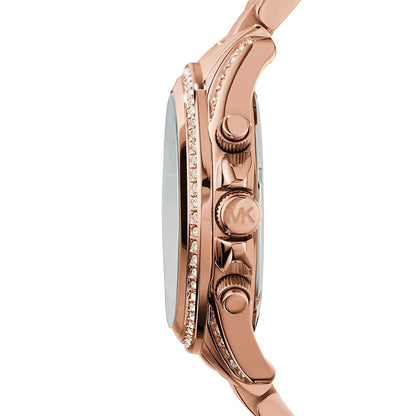 Side profile of Michael Kors MK5263 showing polished rose gold bracelet and shimmering crystal bezel