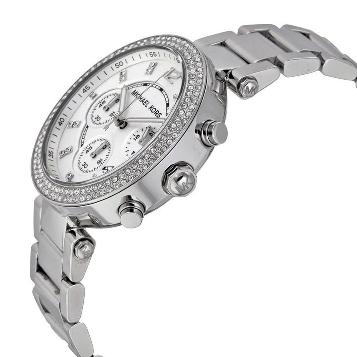 Angled view of Michael Kors MK5353 showing crystal detailing and metallic shine