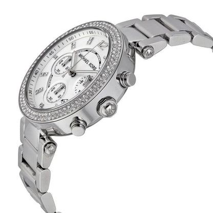 Angled view of Michael Kors MK5353 showing crystal detailing and metallic shine