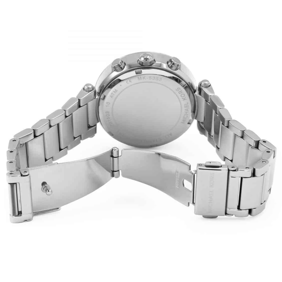 Caseback and clasp of Michael Kors MK5353 silver-tone watch with polished finish
