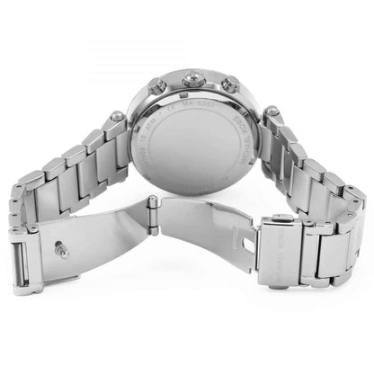 Caseback and clasp of Michael Kors MK5353 silver-tone watch with polished finish