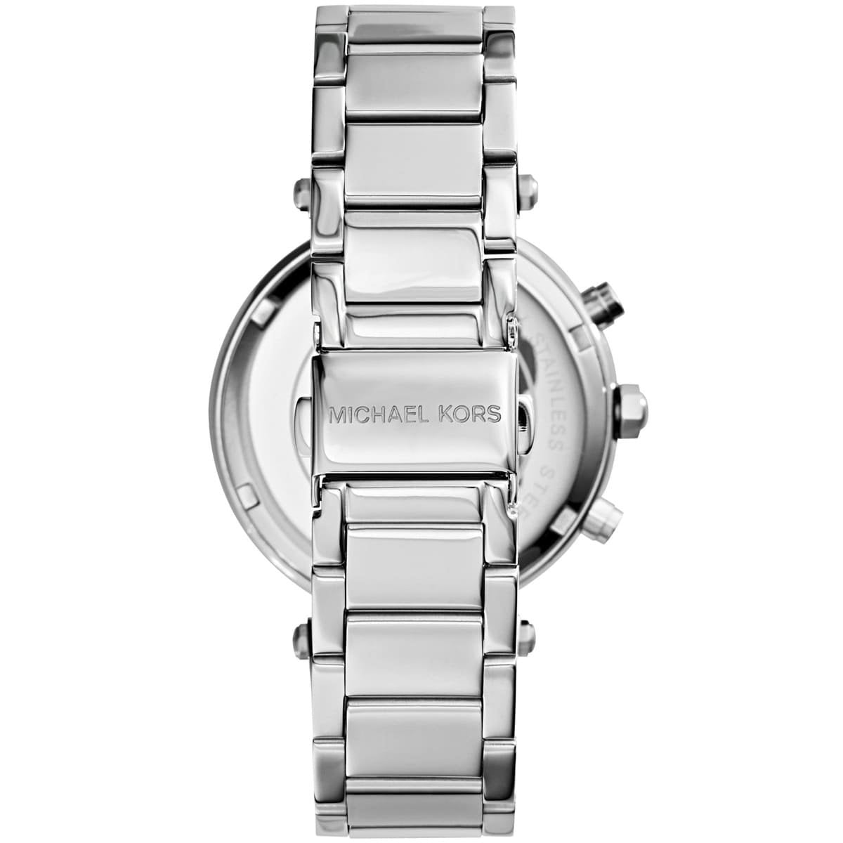 Back view of Michael Kors MK5353 women's watch with stainless steel silver bracelet