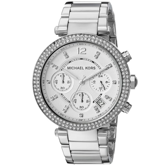 Close-up of silver dial and crystal-encrusted bezel on Michael Kors MK5353 women's watch