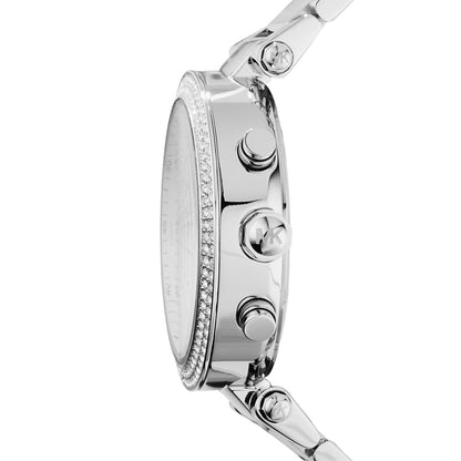 Side profile of Michael Kors MK5353 showing polished stainless steel silver bracelet and crystal detailing