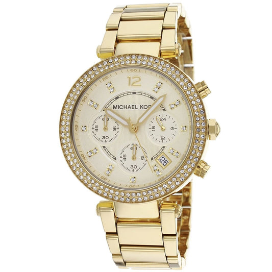 Close-up of gold dial with chronograph layout on Michael Kors MK5354 women's watch