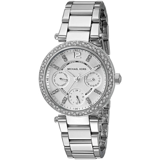 Close-up of silver dial with subdials on Michael Kors MK5615 women's watch