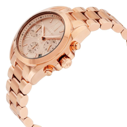 Close-up of rose gold dial on Michael Kors MK5799 women's stainless steel watch