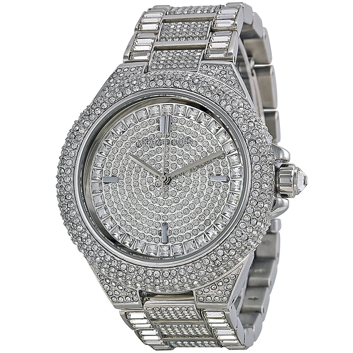 Front view of the Michael Kors MK5869 Camille women's watch featuring a full pavé crystal dial, bezel, and silver-tone stainless steel bracelet.