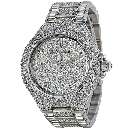 Front view of the Michael Kors MK5869 Camille women's watch featuring a full pavé crystal dial, bezel, and silver-tone stainless steel bracelet.